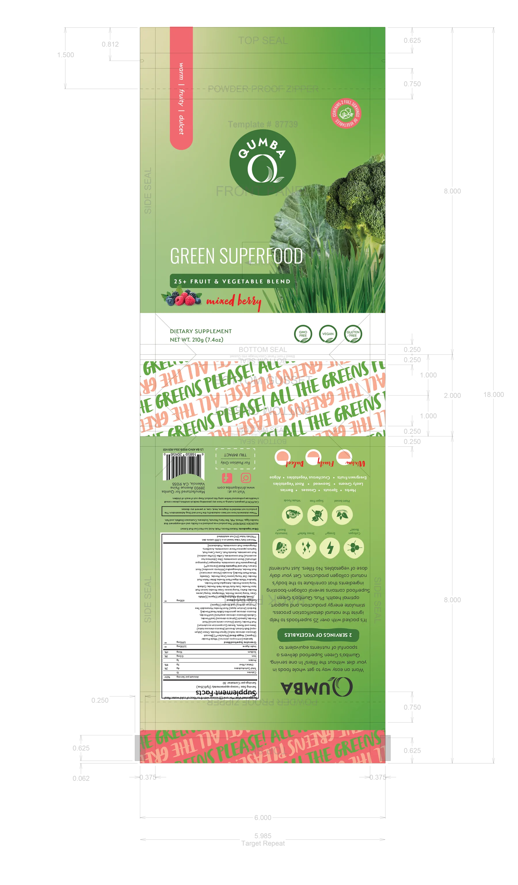 Qumba Green Superfood print-ready dieline, mixed berry, with seals, zipper, and panel guides