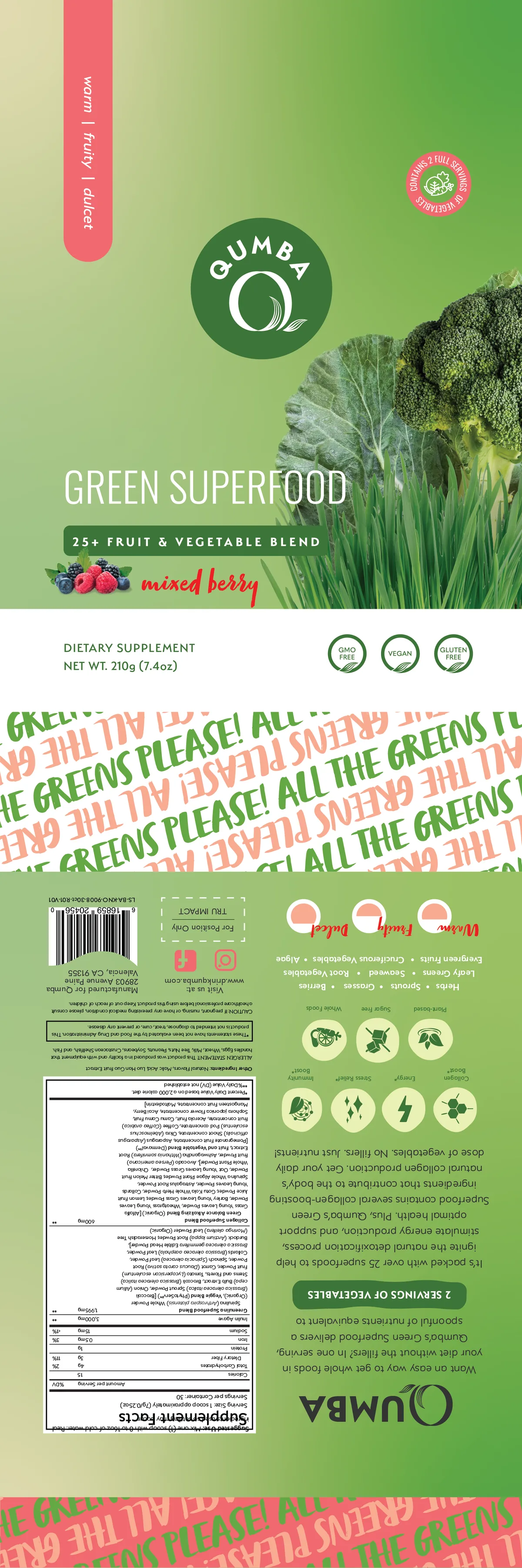 Qumba Green Superfood flat label artwork, mixed berry