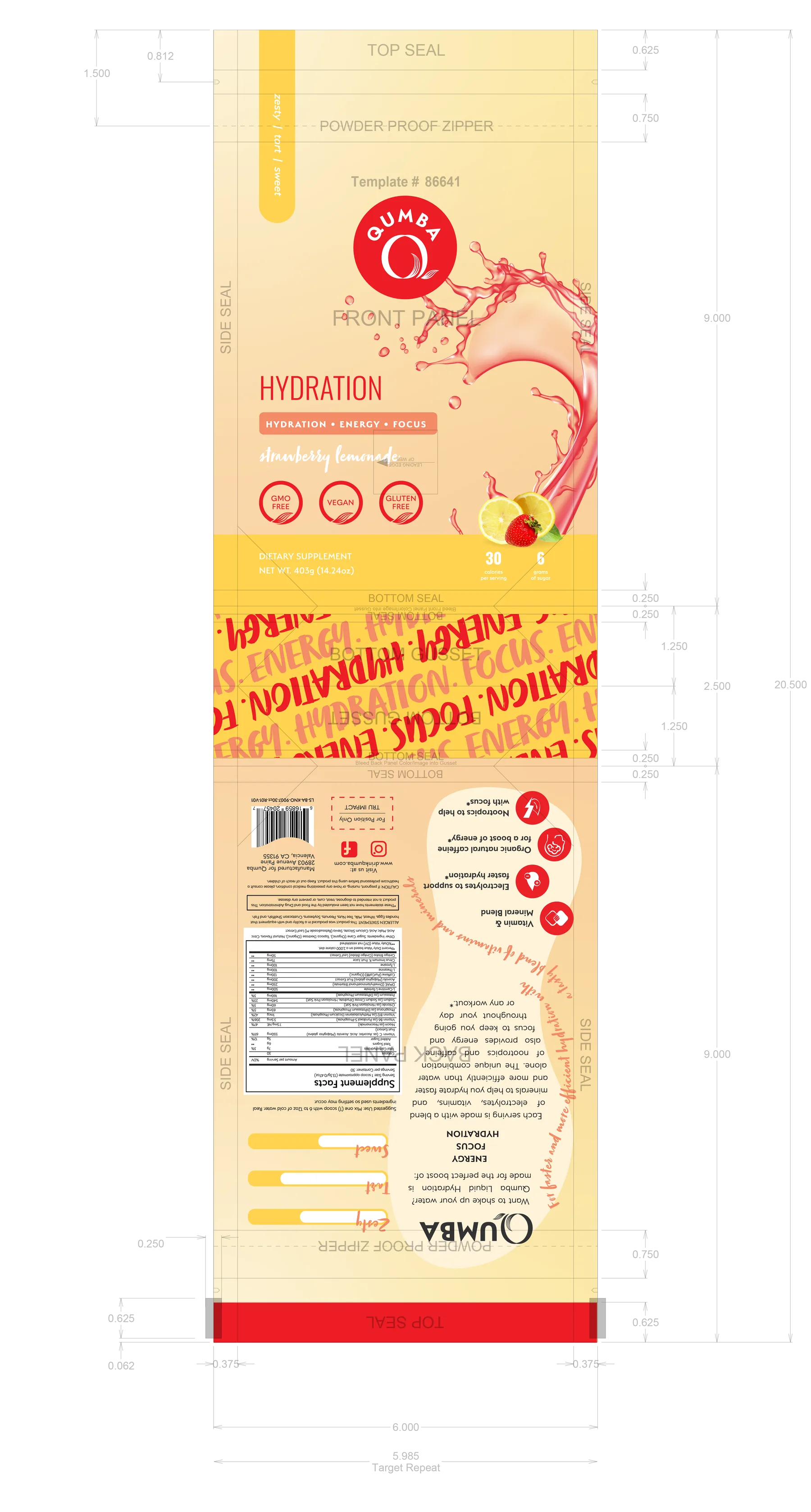 Qumba Hydration print-ready dieline, strawberry lemonade, with seals, zipper, and panel guides