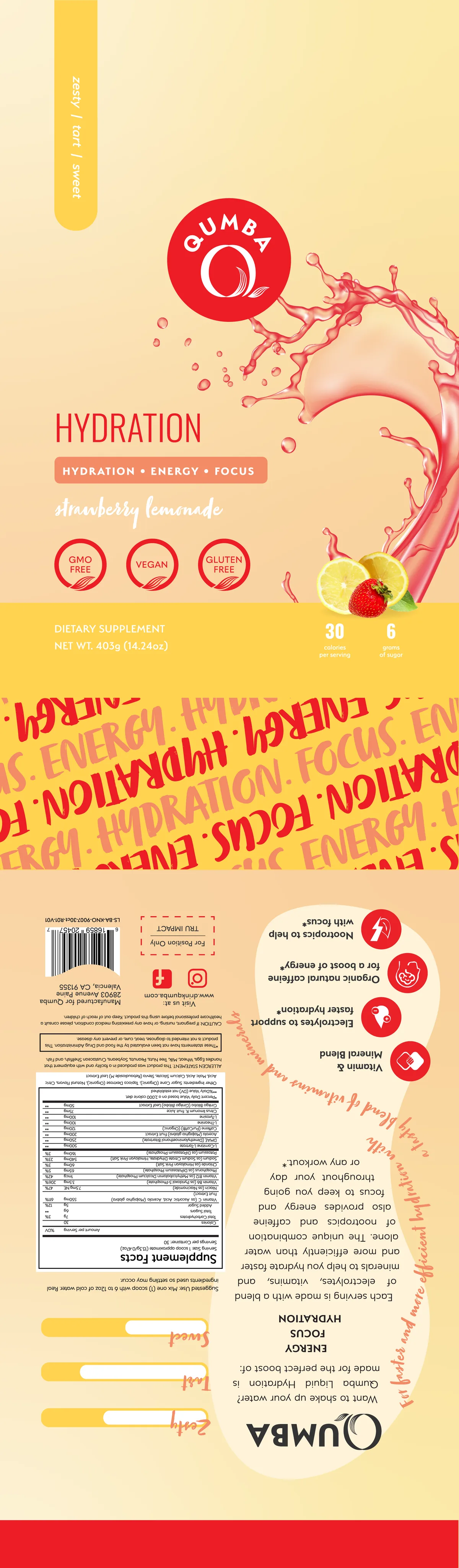 Qumba Hydration flat label artwork, strawberry lemonade