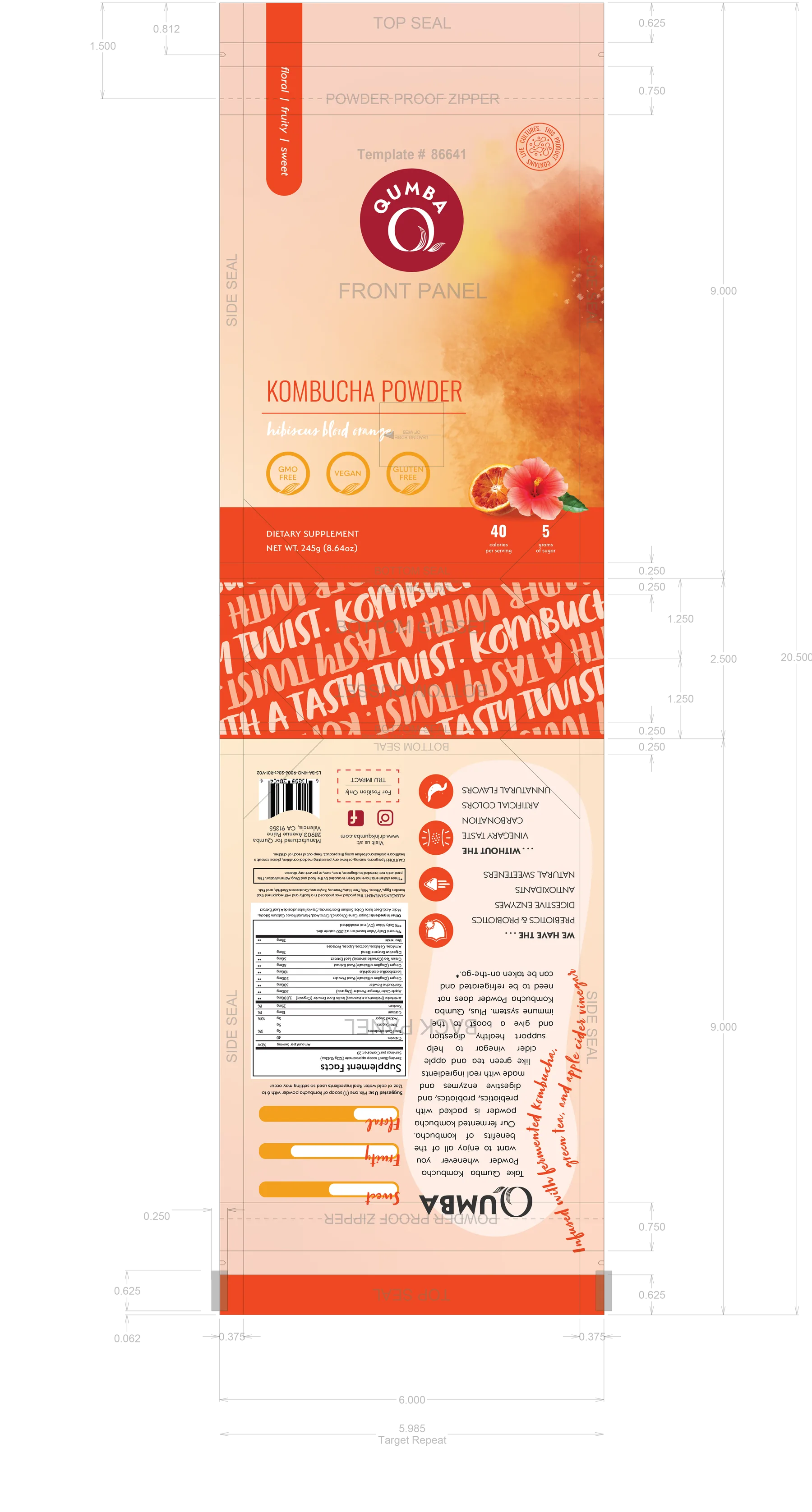 Qumba Kombucha Powder print-ready dieline, hibiscus blood orange, with seals, zipper, and panel guides