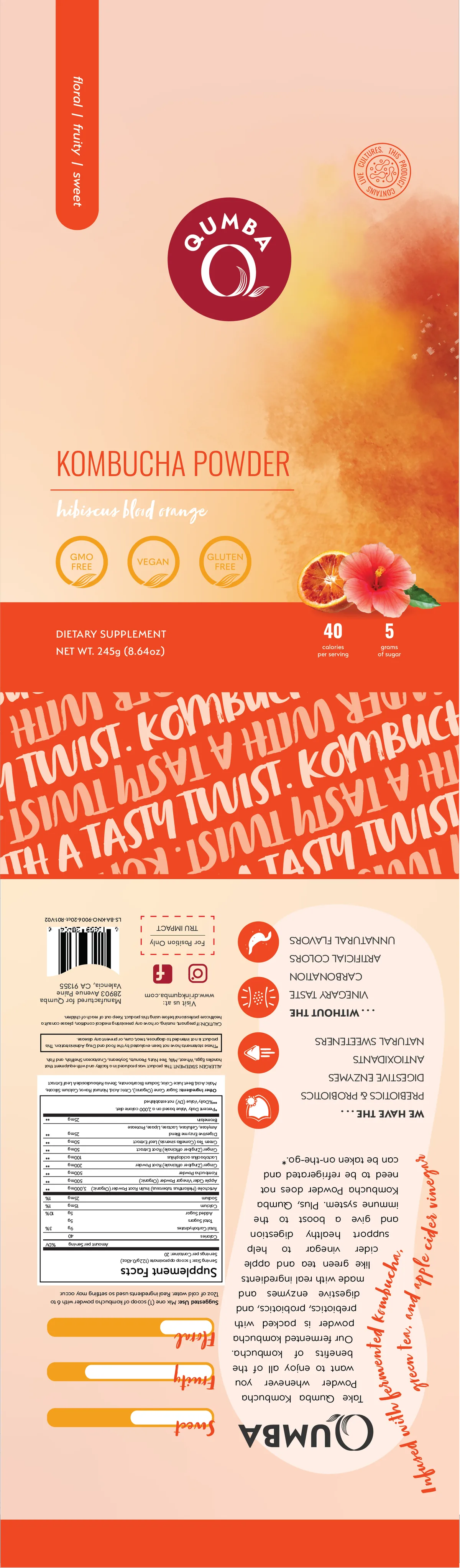 Qumba Kombucha Powder flat label artwork, hibiscus blood orange